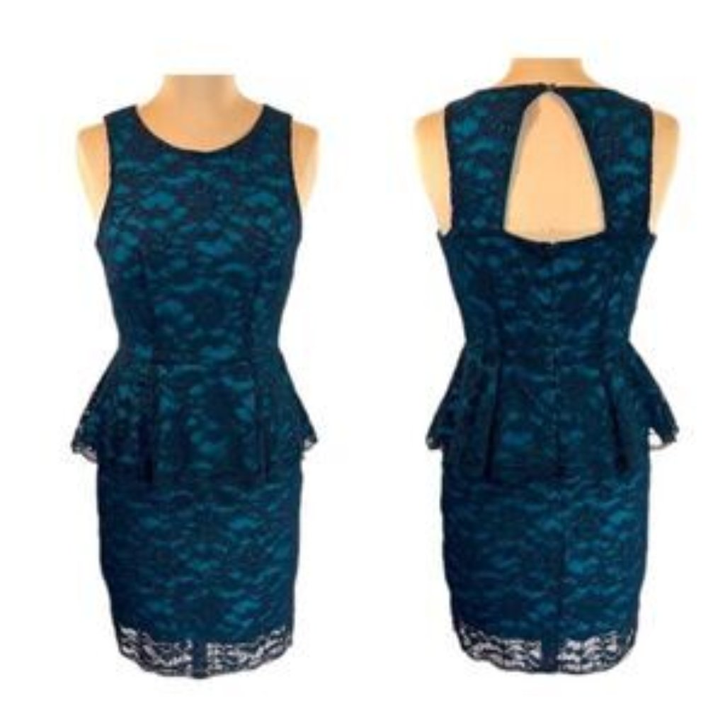 Nwt Nicole Miller Teal Blue Dress W/ Black Lace Overlay & Peplum Waist